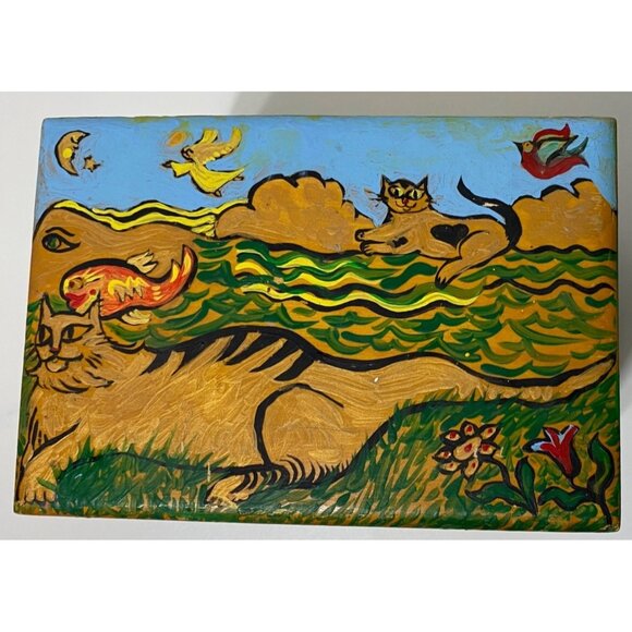Hand-Painted Kitty Cat Wooden Storage Treasure Box Folk Art - Picture 8 of 8